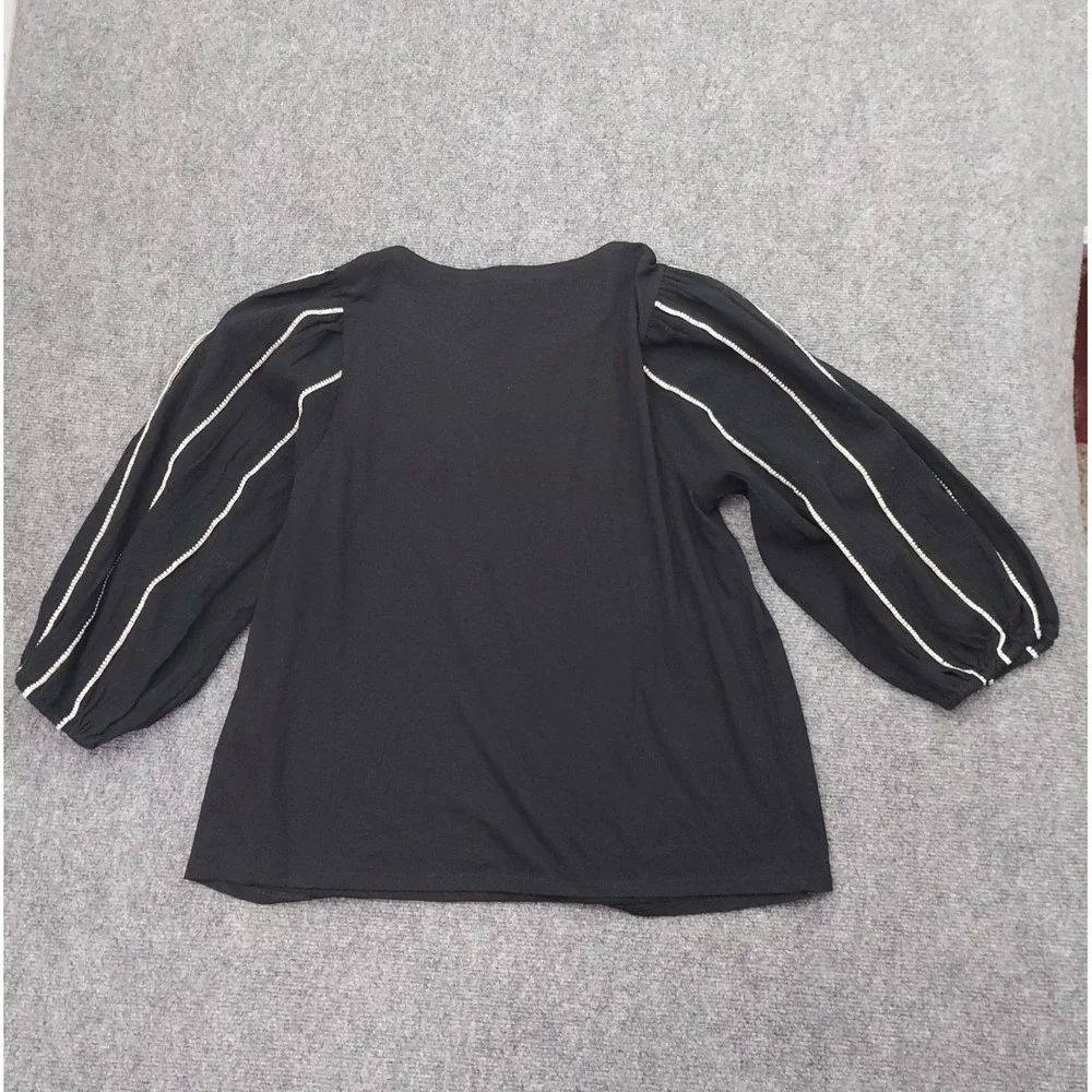 J Jill Top Womens Medium Black Balloon Sleeve Pullover White Stripes NWT - Picture 2 of 11
